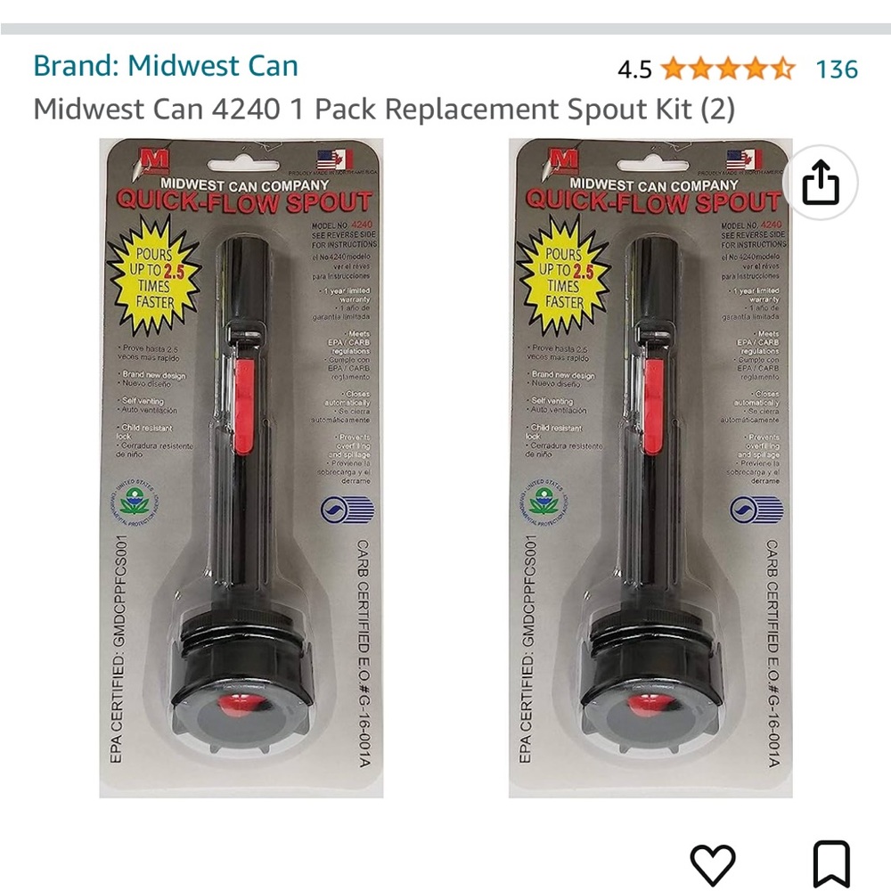 Replacement spouts for gas can 4240
